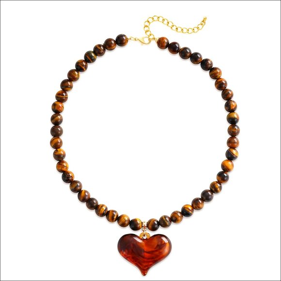 Chunky Tiger Eye Bead Resin Heart Pendant Adjustable Statement Choker Necklace